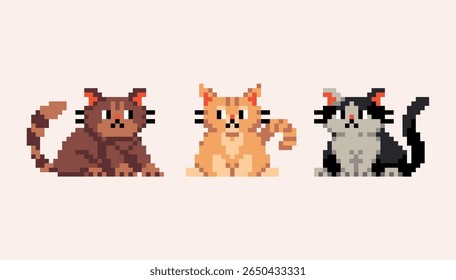 Different colors cats pixel art icon set. Kitty breeds logo collection. 8-bit sprite. Game development, mobile app. Isolated vector illustration.	