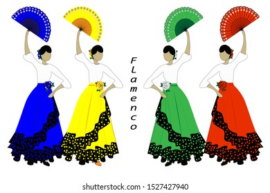Different colors of flamenco. Flamenco dancers in traditional Spain costumes.