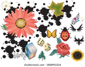 Verschiedene Farben Blumenblätter und Tiere
