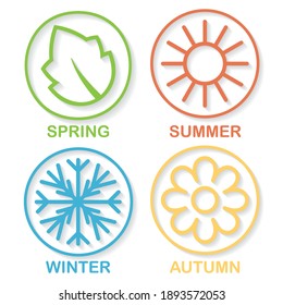 DIfferent colors four nature seasons icon isolated on white. Outline circle symbols with leaf, sun,sowflake and flower signs. Nature weather circle with shadow