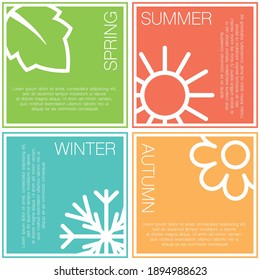 DIfferent colors four nature seasons icon isolated on white. Square bright elements with leaf, sun,flower and snowflake signs