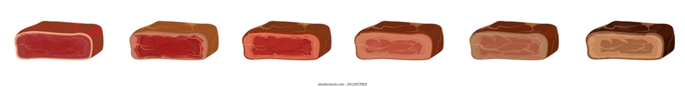 Different colors of grilled steak. Degree of roasting of meat from red with rare to brown fried to crispy vector crust