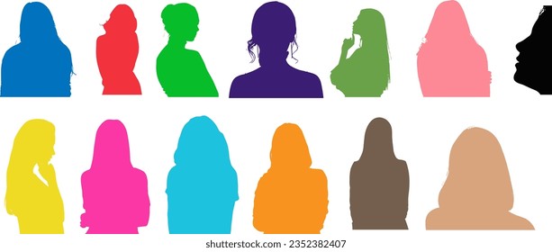 different colors Group of Women Silhouettes, Female Silhouettes, women portrait silhouettes illustration , Lady Silhouettes, Abstract Women illustration , Feminine Shadow Figures, Woman Silhouette