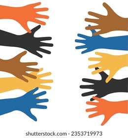 Diferentes colores de manos dibujadas. Ilustración de fondo vectorial manos multiétnicas, pueblos, convivencia en armonía, comunidad, amistad, paz, alegría, manos de niños. Elemento para impresión, tarjeta, diseño