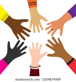 Different colors of hands drawn. Vector background illustration multi ethnic hands, peoples, coexistence harmony, community, friendship, peace,joy, children's hands. Element for print, card, design
