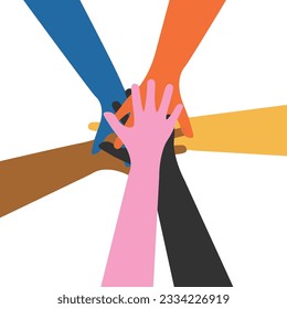 Different colors of hands shaking hands. Vector background illustration of united multi ethnic hands, racial equality of different cultures, peoples, coexistence harmony, community, friendship, peace