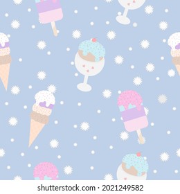Different colors of ice cream in cones, cups and sticks with cream on top of the ice cream. There are small candy beads on top of the cream. on a blue background with snow in the background, vector.