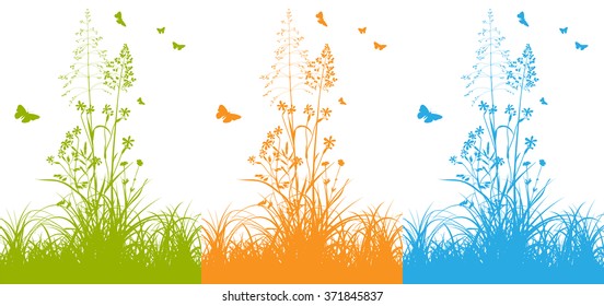 Different Colors of Idyllic Meadow Grassland with Flying Butterflies Vector Cards in Springtime - Isolated on White Background - Green, Orange and Blue Colored.