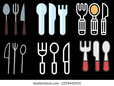 Different colors of Knifes and forks, spoons collection isolated on Black background, vector 