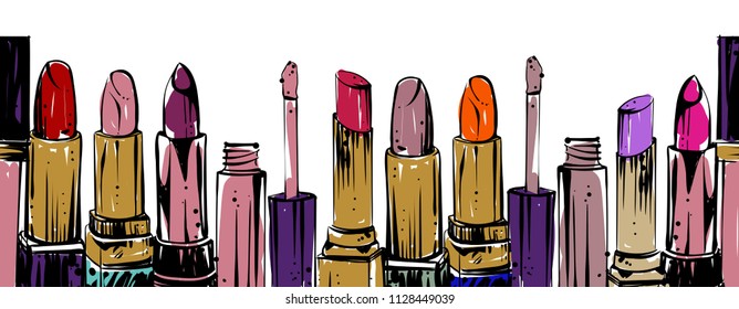 different colors lip products standing in seamless line, vector