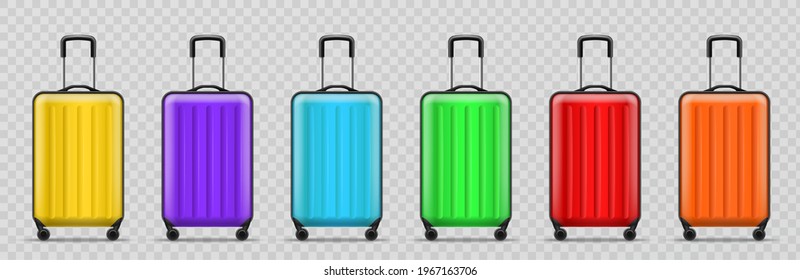 Different colors luggage. Realistic modern travel plastic bags standing in row, shockproof bright flight suitcases on wheels with extendable handles. Vector 3d isolated set