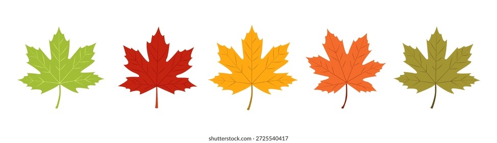 Diferentes colores de hojas de arce dispuestas en una fila muestran el cambio de estaciones de verde a rojo, amarillo, naranja y marrón.