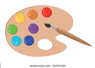Different colors and paintbrush on palette, vector illustration