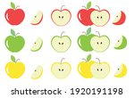 Different colors and parts of apples vector set. Fruit design elements. Whole apples, slices, leaves and apple seeds vector design elements isolated on white. Red, green and yellow apples set.