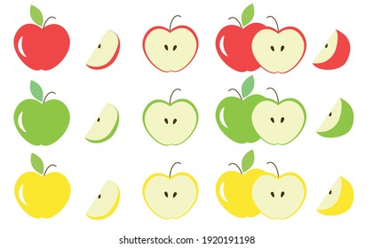 Different colors and parts of apples vector set. Fruit design elements. Whole apples, slices, leaves and apple seeds vector design elements isolated on white. Red, green and white apples set.