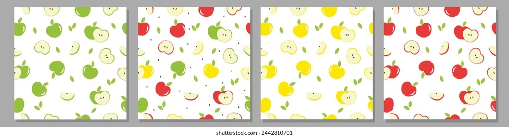 Different colors and parts of apples vector designs apple pattern and frame Whole apples, slices, leaves and apple seeds vector design collection isolated on white Red, green and yellow apples set