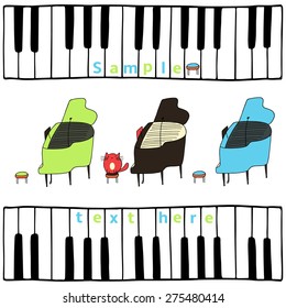 Different colors piano with cat on the chair and piano keys, doodles, hand drawn