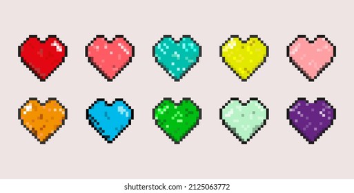 Diferentes colores Pixel Hearts vector set, Pixel Art