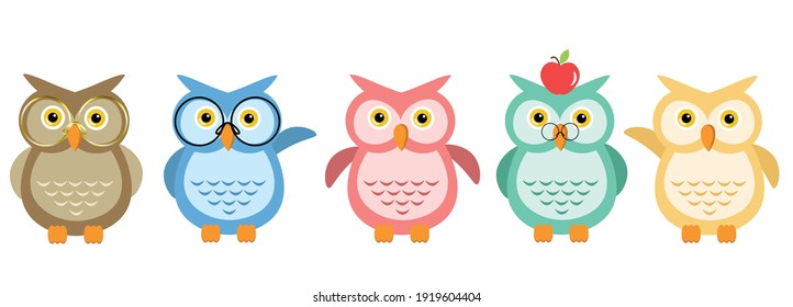 Different colors and positions of cute owls set illustrations. Vector design elements isolated on white.