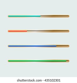 Different colors progress bar with gold frame  isolated on light background. Vector illustration.