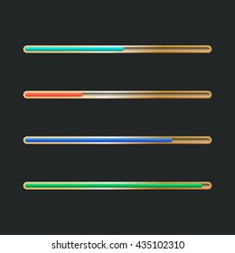 Different colors progress bar with gold frame  isolated on dark background. Vector illustration.