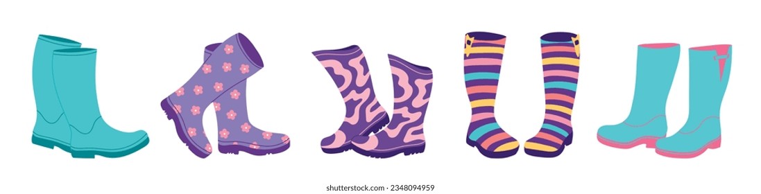 Different colors rain boots collection. Rubber boots autumn concept. Set of gumboots on a white background. Autumn footwear. Vector illustration