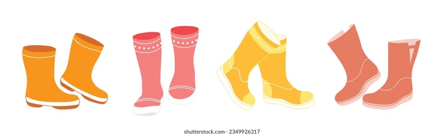 Different colors rain boots collection. Rubber boots autumn concept. Set of gumboots on a white background. Autumn footwear. Vector illustration