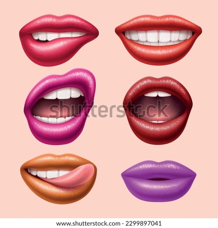 Different colors realistic lips. Female bright mouths, smiling and sexy shapes, 3d white teeth, licking, biting and grin, different colors lipstick, 3d isolated elements, utter vector set