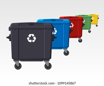 Different colors recycle bins isolated on white background. Flat style. Vector