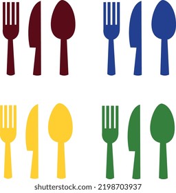 Different colors (red, blue, yellow and green) of spoon, fork and knife logo for design 