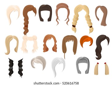 Different colors shades and types of hair. Set of different girl's hairstyle for curly wavy short medium. Hairdresser a new hairstyle new style.