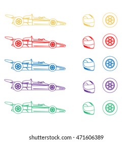 Different colors of a sports car, a crash helmet and a wheel.. Vector.