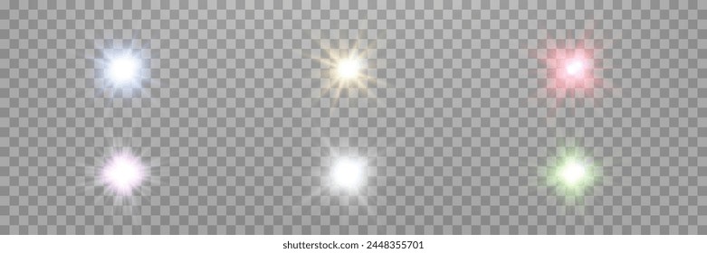 Different colors sunlight lens flare, sun flash with rays and spotlight. Glowing burst explosion on a transparent background.  
Vector illustration.