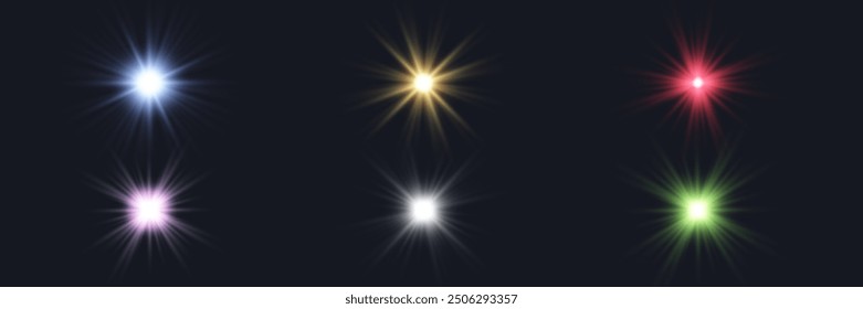 Different colors sunlight lens flare, sun flash with rays and spotlight. Glowing burst explosion on a black background.  
Vector illustration.