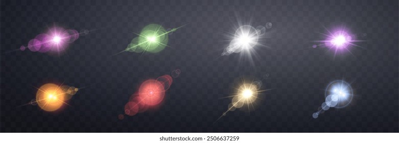 Different colors sunlight lens flare, sun flash with rays and spotlight. Glowing burst explosion on a transparent background.  
Vector illustration.