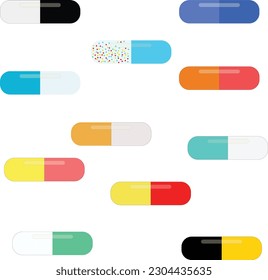 Diferentes colores de tabletas, conjunto de diferentes píldoras, ilustración vectorial de la cápsula, médico y vector de salud, fármaco, enfermedad, médico.