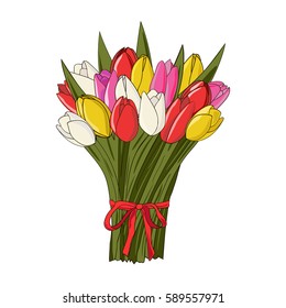Different colors tulips spring bouquet on the white background.