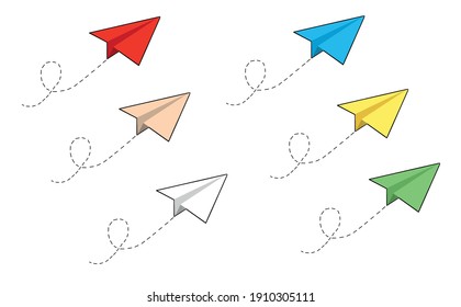 Different colors of vector flying paper planes set with black stroke isolated on white. Vector design elements for different uses.