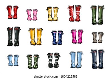 Different colors wellies collection. Rubber boots autumn fall home family concept. Vector illustration in watercolor style. Decoration seasonal card on white background.