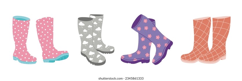 Different colors wellies collection. Rubber boots autumn concept. Set of gumboots on a white background. Autumn footwear. Vector