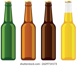 Different colour flat vector beer or soda bottles, Glass pop bottles