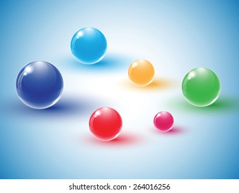 Different colour glass balls on blue background. Vector illustration.