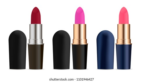 Different colour lipstick set with open caps. Modern style cosmetics packaging design. High quality vector illustration ads.