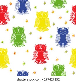 Different colour owl and stars seamless pattern with lace ornamental bodies and without contour lines, hand drawing cartoon vector illustration