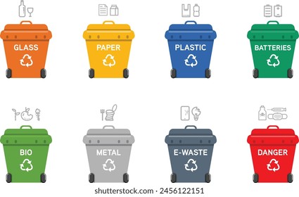 Different coloured recycle waste bins vector illustration, Waste types segregation recycling vector illustration. Organic, batteries, metal plastic paper, glass in drop and full garbage