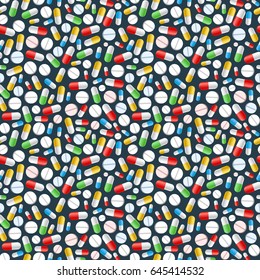 Different colourful pills on dark background, seamless pattern