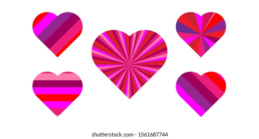 Different colours heart design icon flat. Heart icons set isolated on white background. Modern collection of different hearts for web site, sticker, label, tattoo art, love logo and Valentine's day.