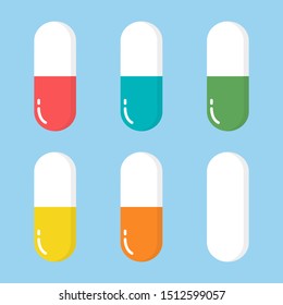 Different Colours Pills Capsules Set Isolated on Blue Background. Antibiotics, Painkillers or Vitamins.