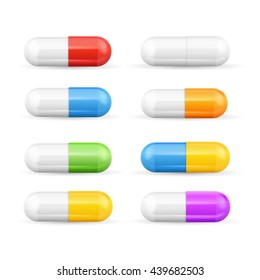 Different Colours Pills Capsules Set Isolated on White Background. Antibiotics, Painkillers or Vitamins. Vector illustration