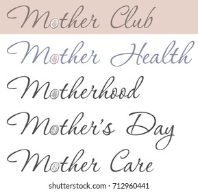 A different combination of words with the word Mother. In the word Mother image of a baby
